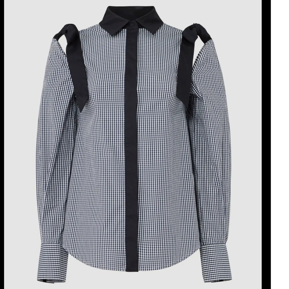 Rebecca Vallance Gingham Cold Shoulder Tie Shirt Navy White US 8